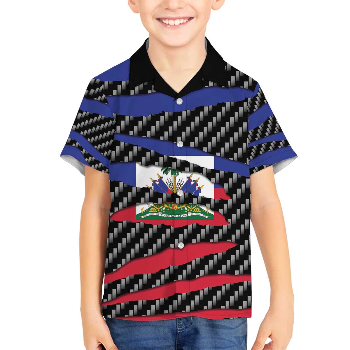 Haiti Beast Family Matching Off The Shoulder Long Sleeve Dress and Hawaiian Shirt Ripped Flag Graphic - Wonder Print Shop