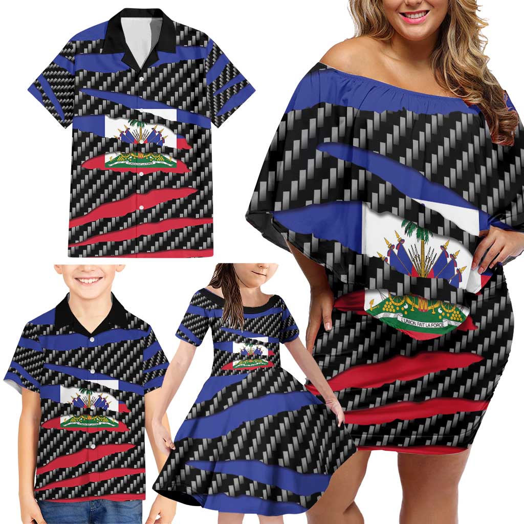 Haiti Beast Family Matching Off Shoulder Short Dress and Hawaiian Shirt Ripped Flag Graphic - Wonder Print Shop