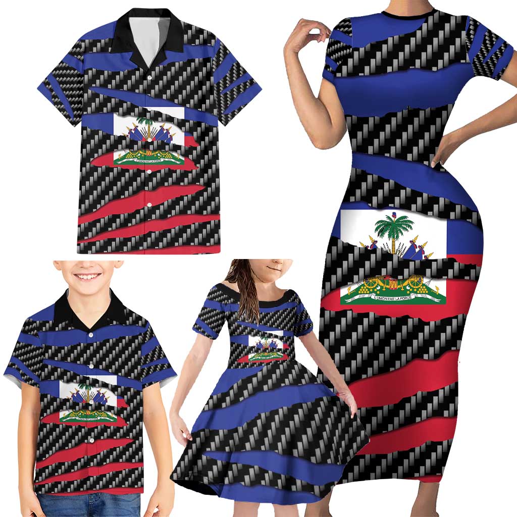 Haiti Beast Family Matching Short Sleeve Bodycon Dress and Hawaiian Shirt Ripped Flag Graphic - Wonder Print Shop