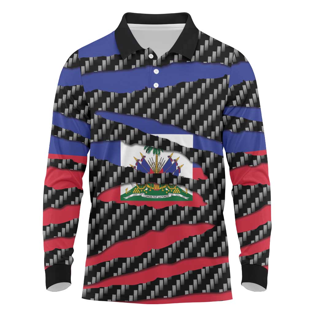 Haiti Beast Long Sleeve Polo Shirt Ripped Flag Graphic - Wonder Print Shop