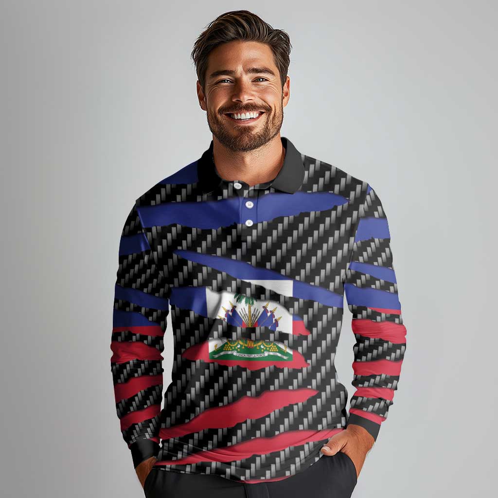 Haiti Beast Long Sleeve Polo Shirt Ripped Flag Graphic - Wonder Print Shop