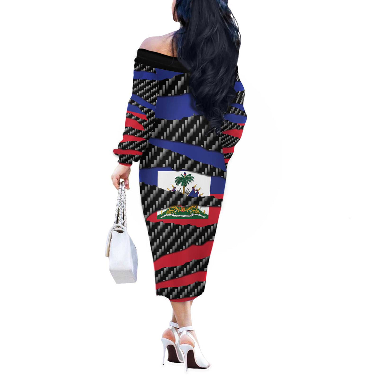 Haiti Beast Off The Shoulder Long Sleeve Dress Ripped Flag Graphic - Wonder Print Shop