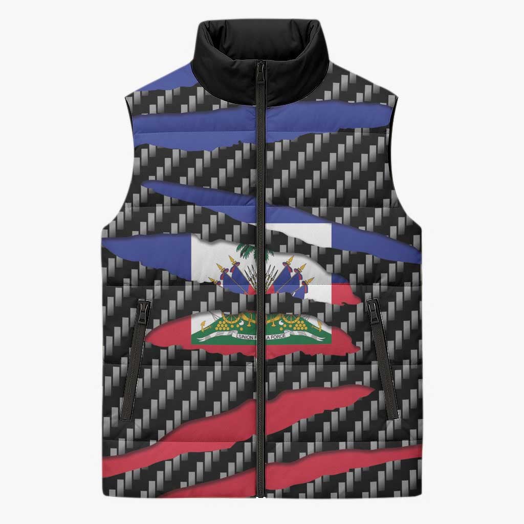 Haiti Beast Sleeveless Puffer Jacket Ripped Flag Graphic - Wonder Print Shop