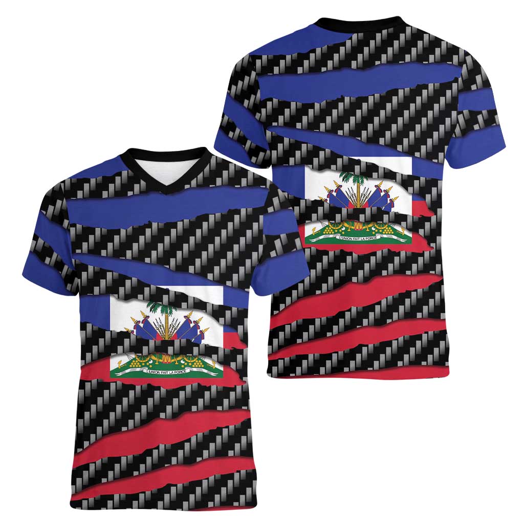 Haiti Beast Women V-Neck T-Shirt Ripped Flag Graphic - Wonder Print Shop