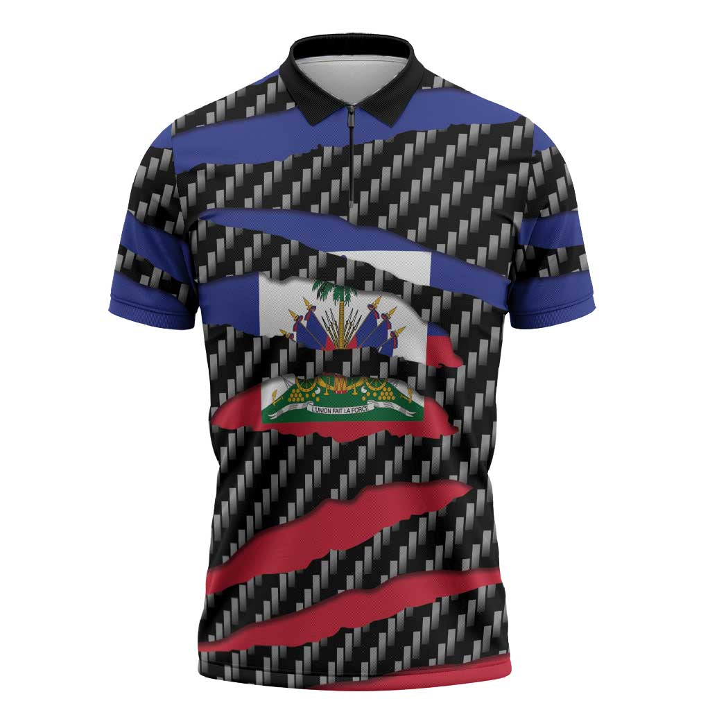 Haiti Beast Zipper Polo Shirt Ripped Flag Graphic - Wonder Print Shop