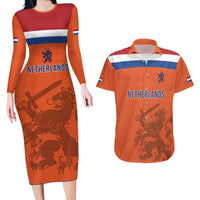 Custom World Football 2026 Netherlands Couples Matching Long Sleeve Bodycon Dress and Hawaiian Shirt Holland Oranje Dutch Lion - Wonder Print Shop