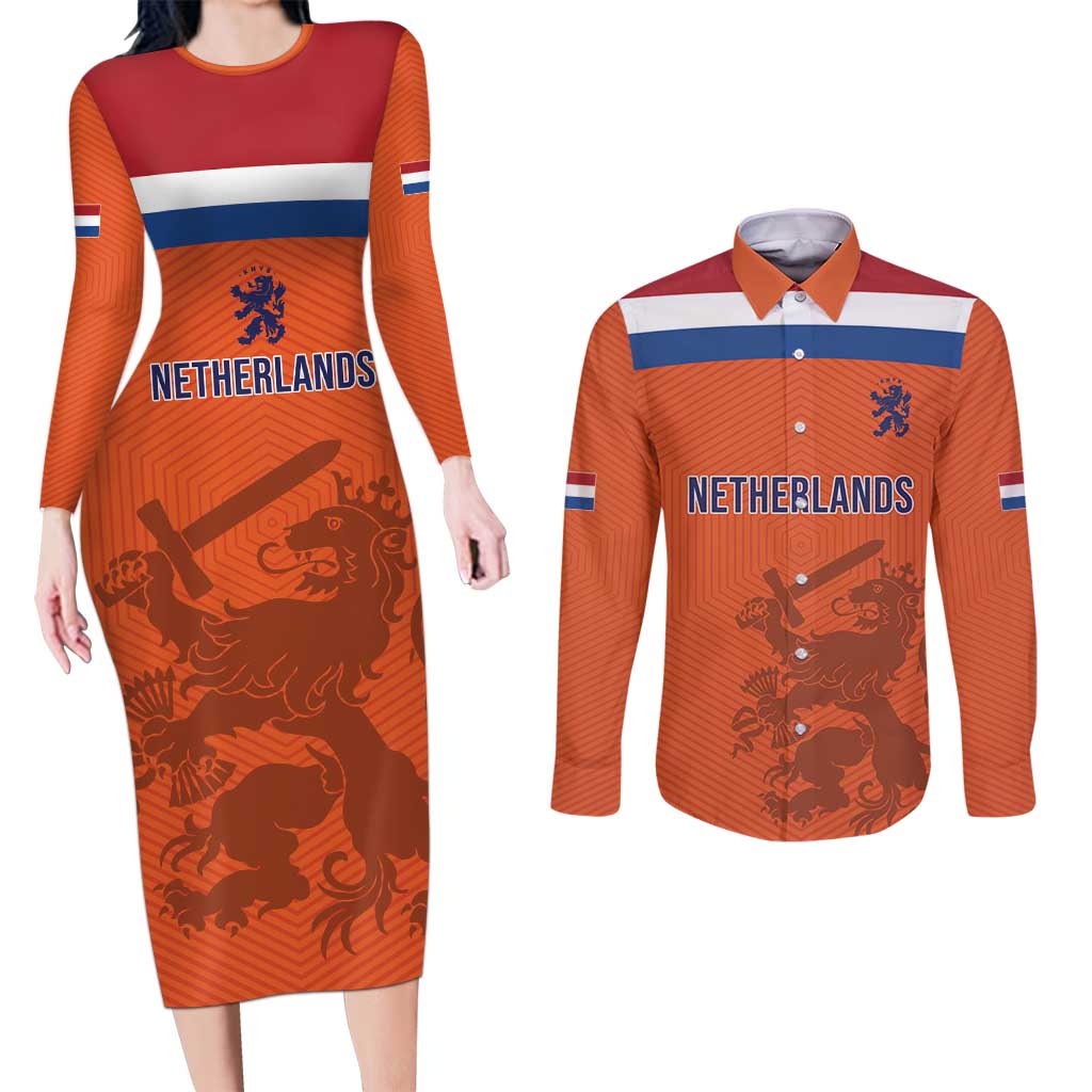 Custom World Football 2026 Netherlands Couples Matching Long Sleeve Bodycon Dress and Long Sleeve Button Shirt Holland Oranje Dutch Lion - Wonder Print Shop
