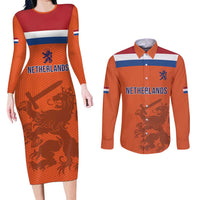 Custom World Football 2026 Netherlands Couples Matching Long Sleeve Bodycon Dress and Long Sleeve Button Shirt Holland Oranje Dutch Lion - Wonder Print Shop