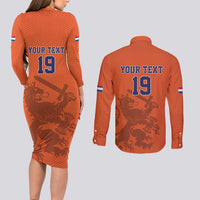 Custom World Football 2026 Netherlands Couples Matching Long Sleeve Bodycon Dress and Long Sleeve Button Shirt Holland Oranje Dutch Lion - Wonder Print Shop
