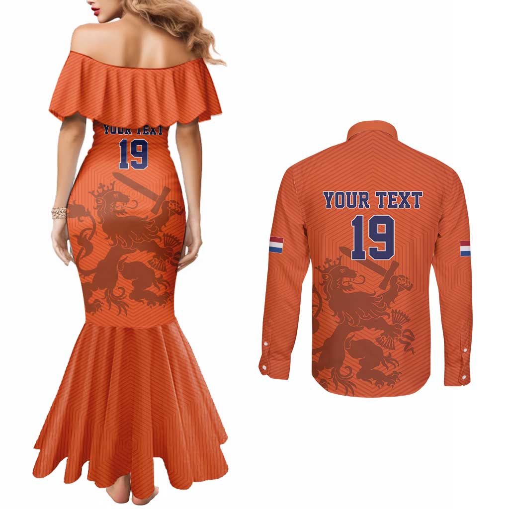 Custom World Football 2026 Netherlands Couples Matching Mermaid Dress and Long Sleeve Button Shirt Holland Oranje Dutch Lion - Wonder Print Shop