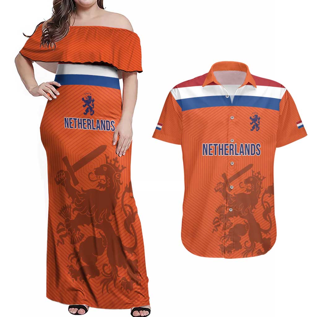 Custom World Football 2026 Netherlands Couples Matching Off Shoulder Maxi Dress and Hawaiian Shirt Holland Oranje Dutch Lion - Wonder Print Shop