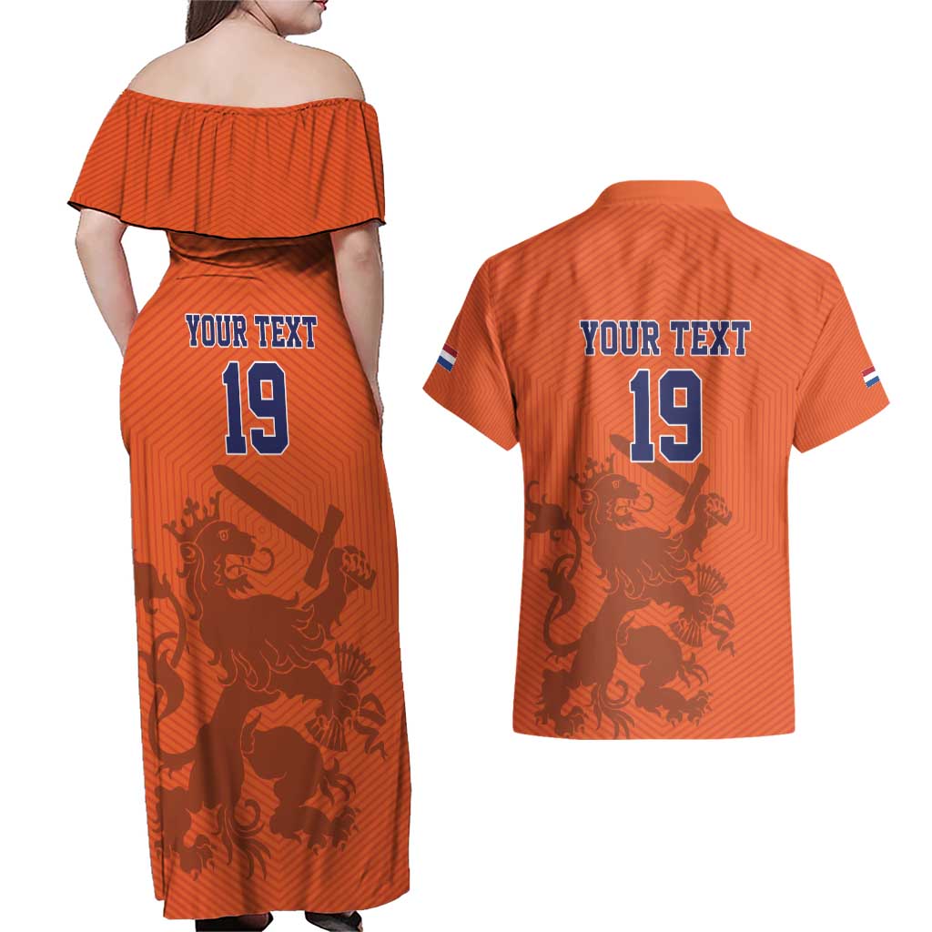 Custom World Football 2026 Netherlands Couples Matching Off Shoulder Maxi Dress and Hawaiian Shirt Holland Oranje Dutch Lion - Wonder Print Shop