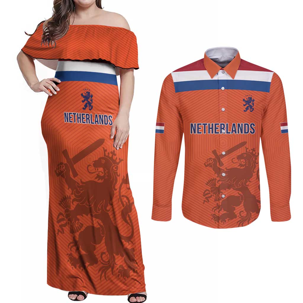 Custom World Football 2026 Netherlands Couples Matching Off Shoulder Maxi Dress and Long Sleeve Button Shirt Holland Oranje Dutch Lion - Wonder Print Shop
