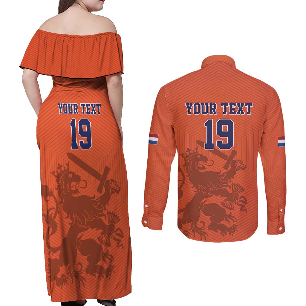 Custom World Football 2026 Netherlands Couples Matching Off Shoulder Maxi Dress and Long Sleeve Button Shirt Holland Oranje Dutch Lion - Wonder Print Shop