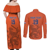Custom World Football 2026 Netherlands Couples Matching Off Shoulder Maxi Dress and Long Sleeve Button Shirt Holland Oranje Dutch Lion - Wonder Print Shop