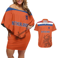 Custom World Football 2026 Netherlands Couples Matching Off Shoulder Short Dress and Hawaiian Shirt Holland Oranje Dutch Lion - Wonder Print Shop