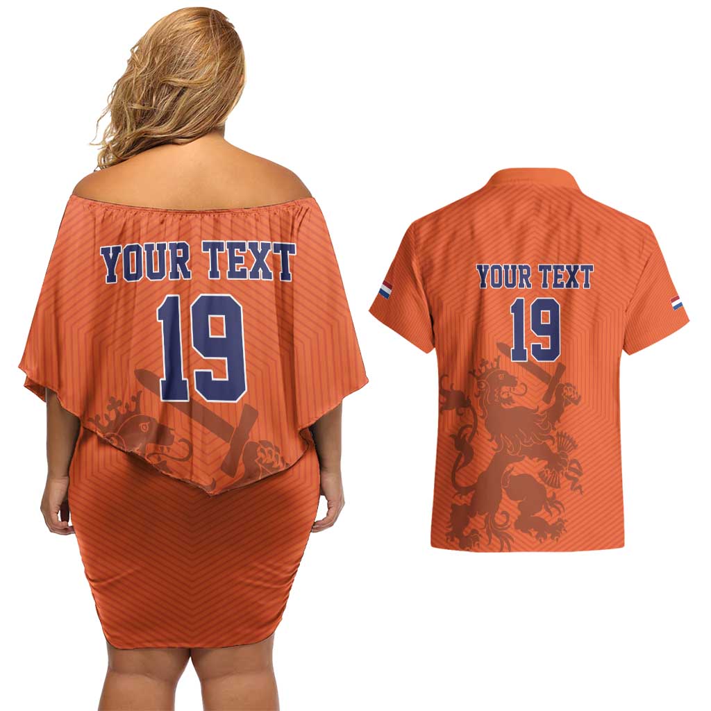 Custom World Football 2026 Netherlands Couples Matching Off Shoulder Short Dress and Hawaiian Shirt Holland Oranje Dutch Lion - Wonder Print Shop