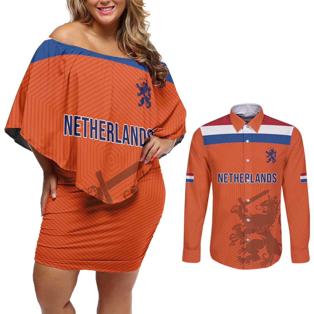 Custom World Football 2026 Netherlands Couples Matching Off Shoulder Short Dress and Long Sleeve Button Shirt Holland Oranje Dutch Lion - Wonder Print Shop