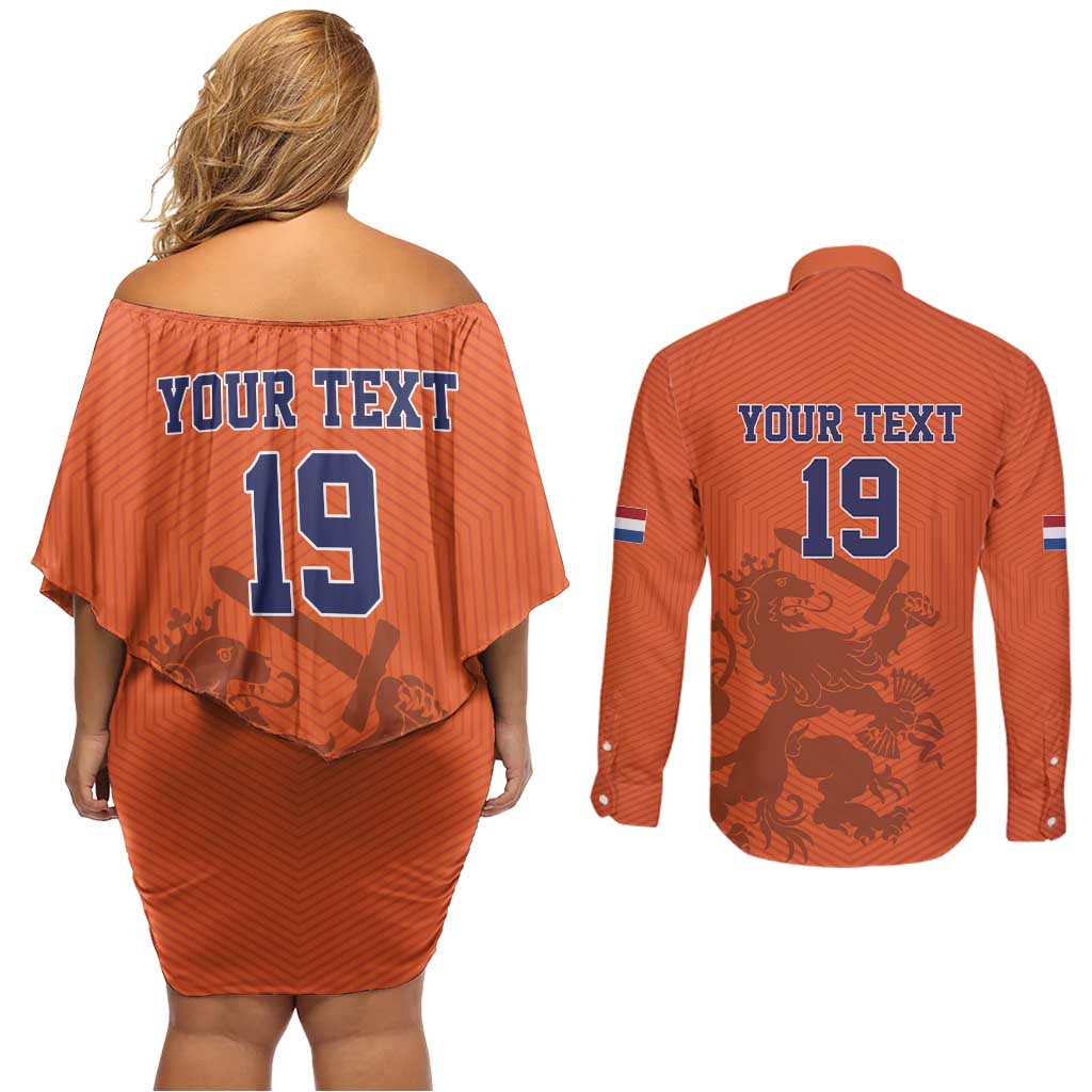 Custom World Football 2026 Netherlands Couples Matching Off Shoulder Short Dress and Long Sleeve Button Shirt Holland Oranje Dutch Lion - Wonder Print Shop