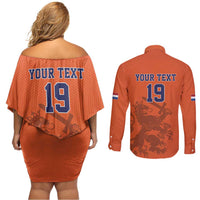Custom World Football 2026 Netherlands Couples Matching Off Shoulder Short Dress and Long Sleeve Button Shirt Holland Oranje Dutch Lion - Wonder Print Shop