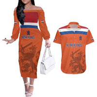 Custom World Football 2026 Netherlands Couples Matching Off The Shoulder Long Sleeve Dress and Hawaiian Shirt Holland Oranje Dutch Lion - Wonder Print Shop