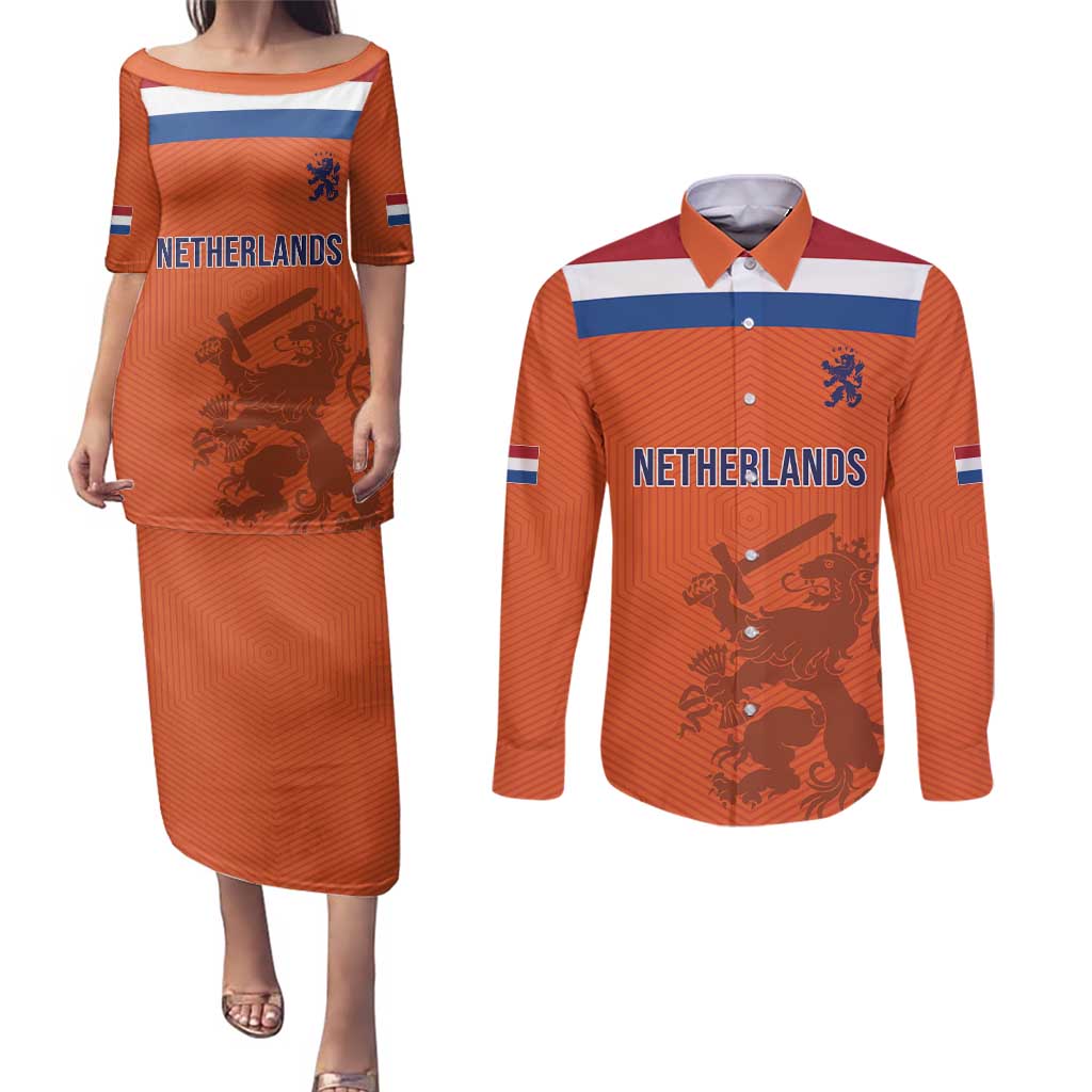 Custom World Football 2026 Netherlands Couples Matching Puletasi and Long Sleeve Button Shirt Holland Oranje Dutch Lion - Wonder Print Shop