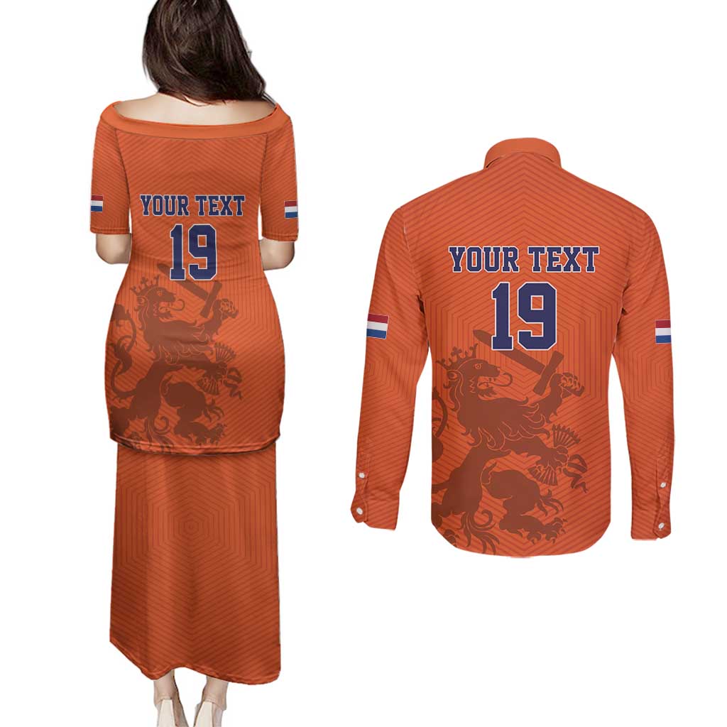 Custom World Football 2026 Netherlands Couples Matching Puletasi and Long Sleeve Button Shirt Holland Oranje Dutch Lion - Wonder Print Shop