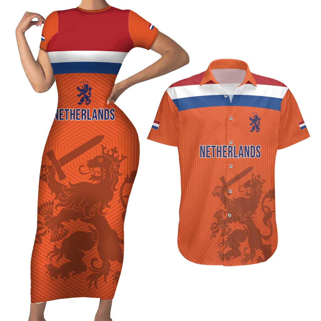 Custom World Football 2026 Netherlands Couples Matching Short Sleeve Bodycon Dress and Hawaiian Shirt Holland Oranje Dutch Lion - Wonder Print Shop