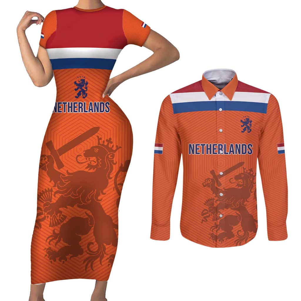 Custom World Football 2026 Netherlands Couples Matching Short Sleeve Bodycon Dress and Long Sleeve Button Shirt Holland Oranje Dutch Lion - Wonder Print Shop