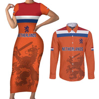 Custom World Football 2026 Netherlands Couples Matching Short Sleeve Bodycon Dress and Long Sleeve Button Shirt Holland Oranje Dutch Lion - Wonder Print Shop