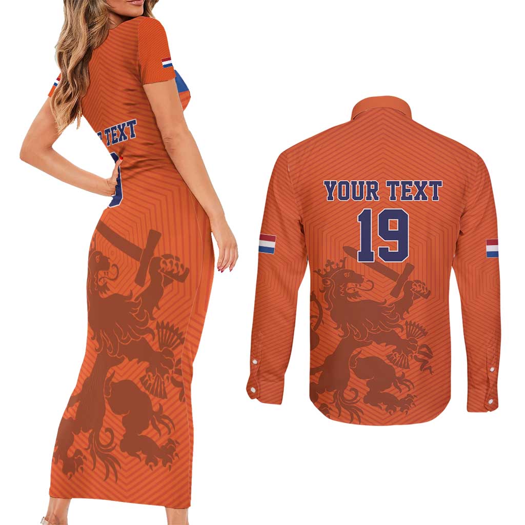 Custom World Football 2026 Netherlands Couples Matching Short Sleeve Bodycon Dress and Long Sleeve Button Shirt Holland Oranje Dutch Lion - Wonder Print Shop