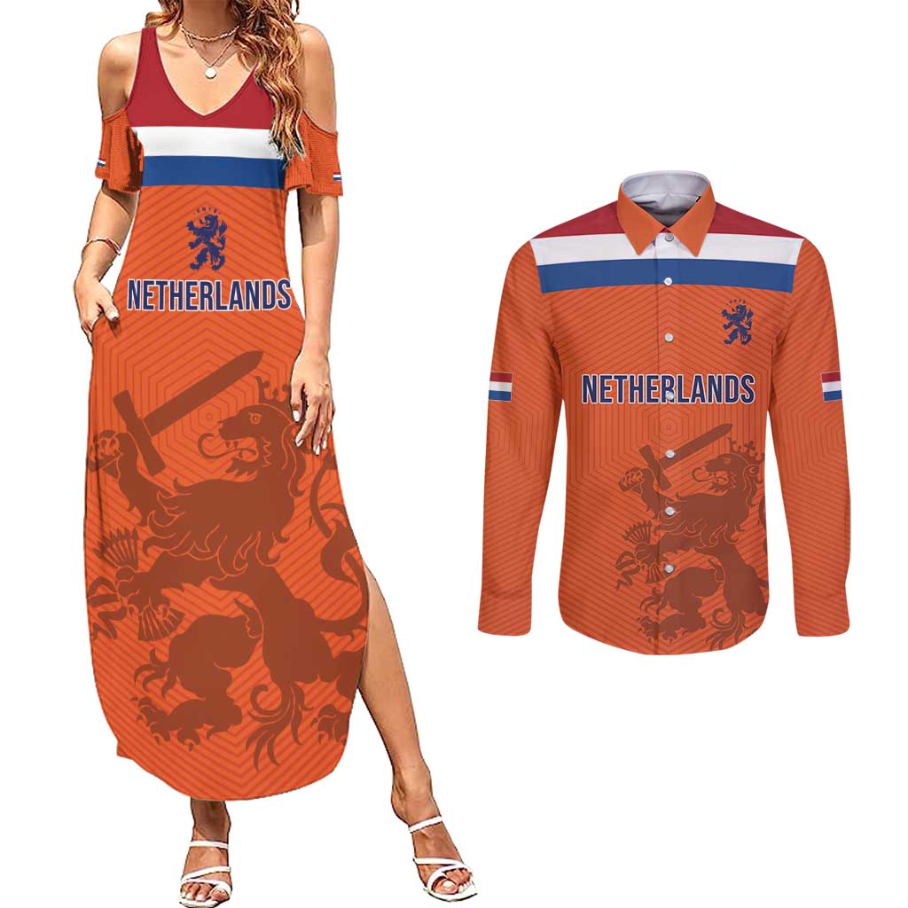 Custom World Football 2026 Netherlands Couples Matching Summer Maxi Dress and Long Sleeve Button Shirt Holland Oranje Dutch Lion - Wonder Print Shop