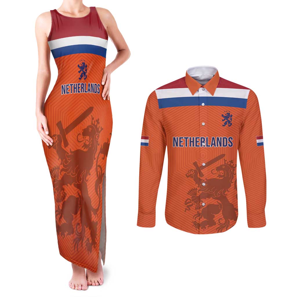Custom World Football 2026 Netherlands Couples Matching Tank Maxi Dress and Long Sleeve Button Shirt Holland Oranje Dutch Lion - Wonder Print Shop