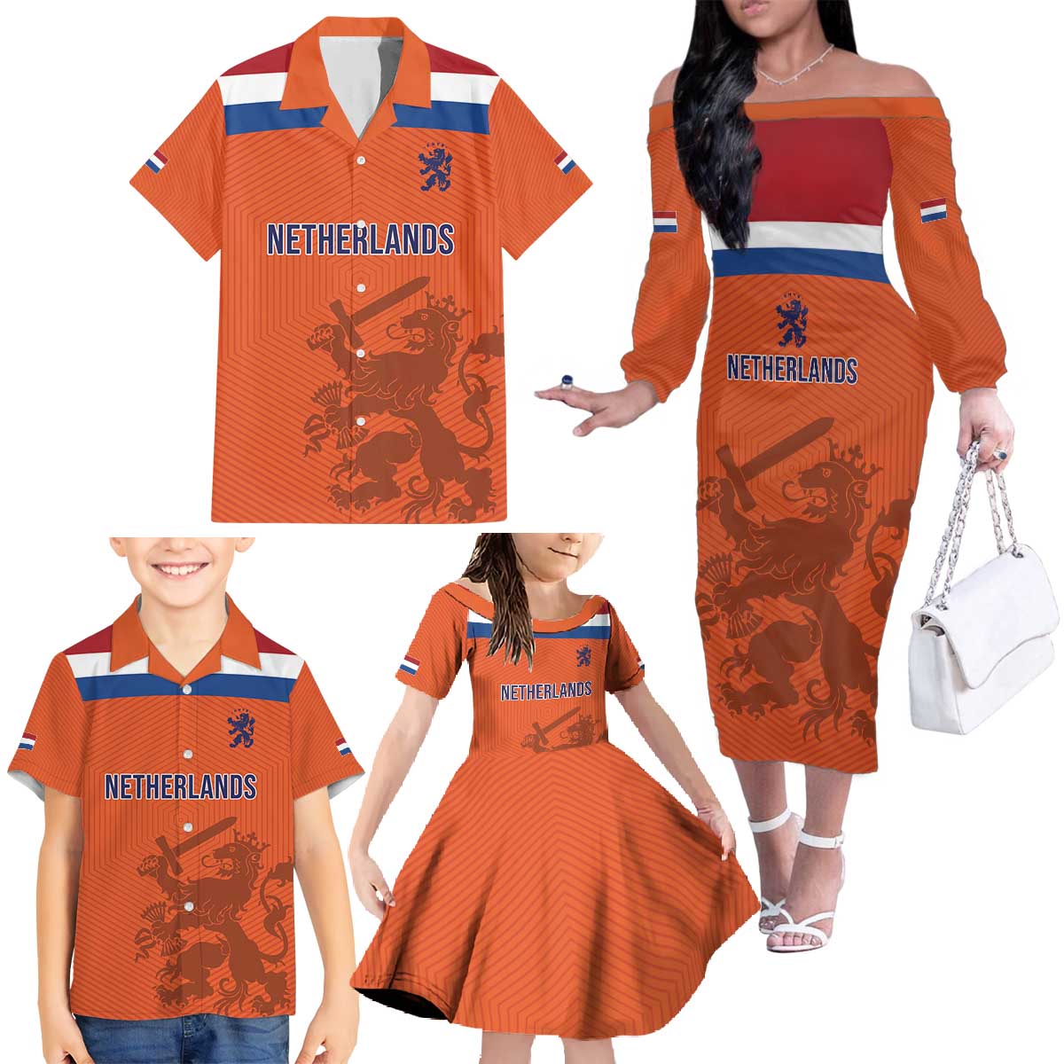 Custom World Football 2026 Netherlands Family Matching Off The Shoulder Long Sleeve Dress and Hawaiian Shirt Holland Oranje Dutch Lion - Wonder Print Shop