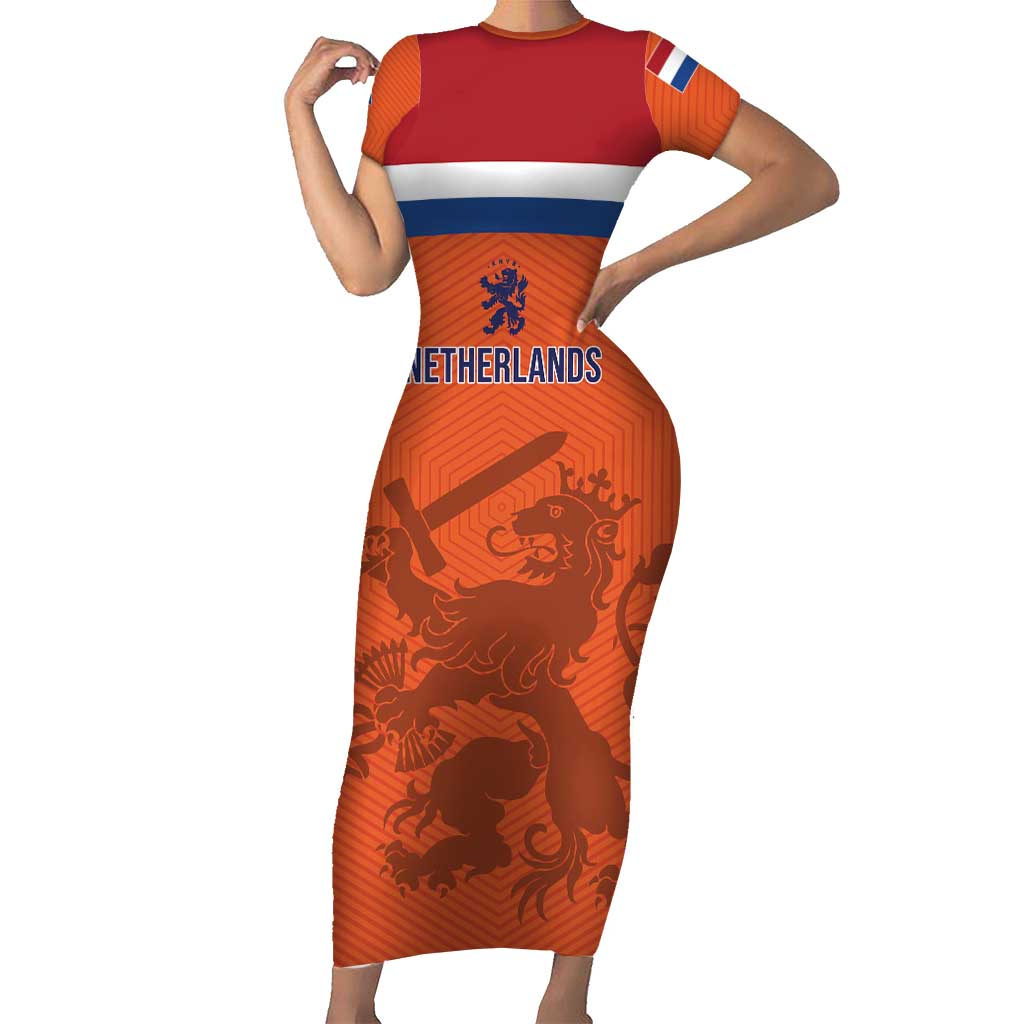 Custom World Football 2026 Netherlands Short Sleeve Bodycon Dress Holland Oranje Dutch Lion - Wonder Print Shop