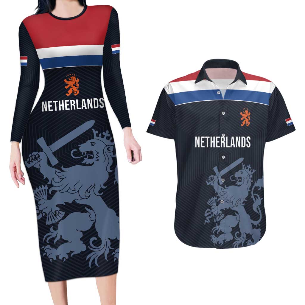 Custom World Football 2026 Netherlands Couples Matching Long Sleeve Bodycon Dress and Hawaiian Shirt Holland Navy Dutch Lion - Wonder Print Shop