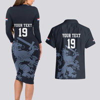 Custom World Football 2026 Netherlands Couples Matching Long Sleeve Bodycon Dress and Hawaiian Shirt Holland Navy Dutch Lion - Wonder Print Shop