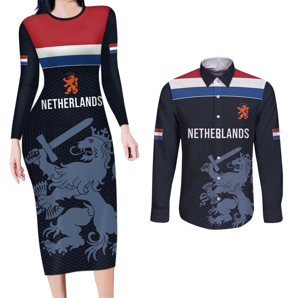 Custom World Football 2026 Netherlands Couples Matching Long Sleeve Bodycon Dress and Long Sleeve Button Shirt Holland Navy Dutch Lion - Wonder Print Shop