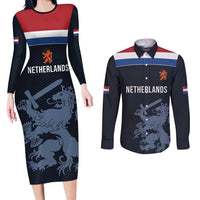Custom World Football 2026 Netherlands Couples Matching Long Sleeve Bodycon Dress and Long Sleeve Button Shirt Holland Navy Dutch Lion - Wonder Print Shop