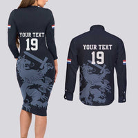 Custom World Football 2026 Netherlands Couples Matching Long Sleeve Bodycon Dress and Long Sleeve Button Shirt Holland Navy Dutch Lion - Wonder Print Shop