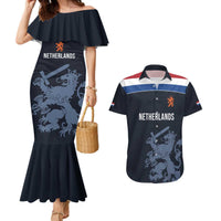 Custom World Football 2026 Netherlands Couples Matching Mermaid Dress and Hawaiian Shirt Holland Navy Dutch Lion - Wonder Print Shop