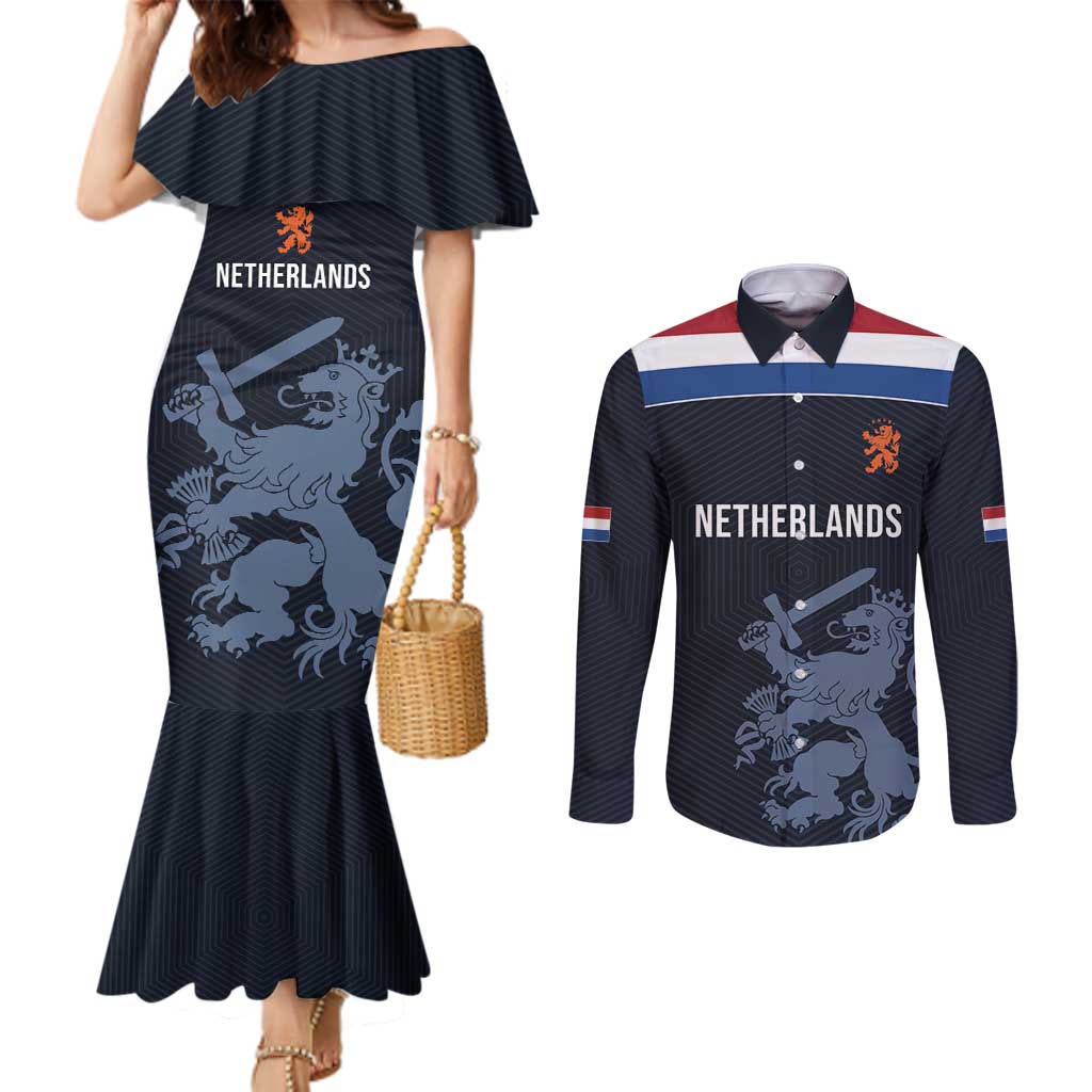 Custom World Football 2026 Netherlands Couples Matching Mermaid Dress and Long Sleeve Button Shirt Holland Navy Dutch Lion - Wonder Print Shop