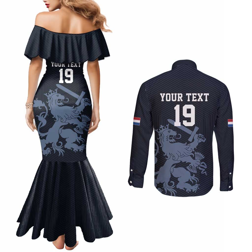 Custom World Football 2026 Netherlands Couples Matching Mermaid Dress and Long Sleeve Button Shirt Holland Navy Dutch Lion - Wonder Print Shop