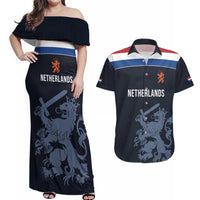 Custom World Football 2026 Netherlands Couples Matching Off Shoulder Maxi Dress and Hawaiian Shirt Holland Navy Dutch Lion - Wonder Print Shop