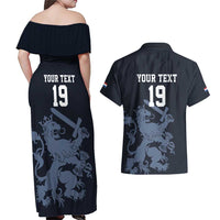 Custom World Football 2026 Netherlands Couples Matching Off Shoulder Maxi Dress and Hawaiian Shirt Holland Navy Dutch Lion - Wonder Print Shop