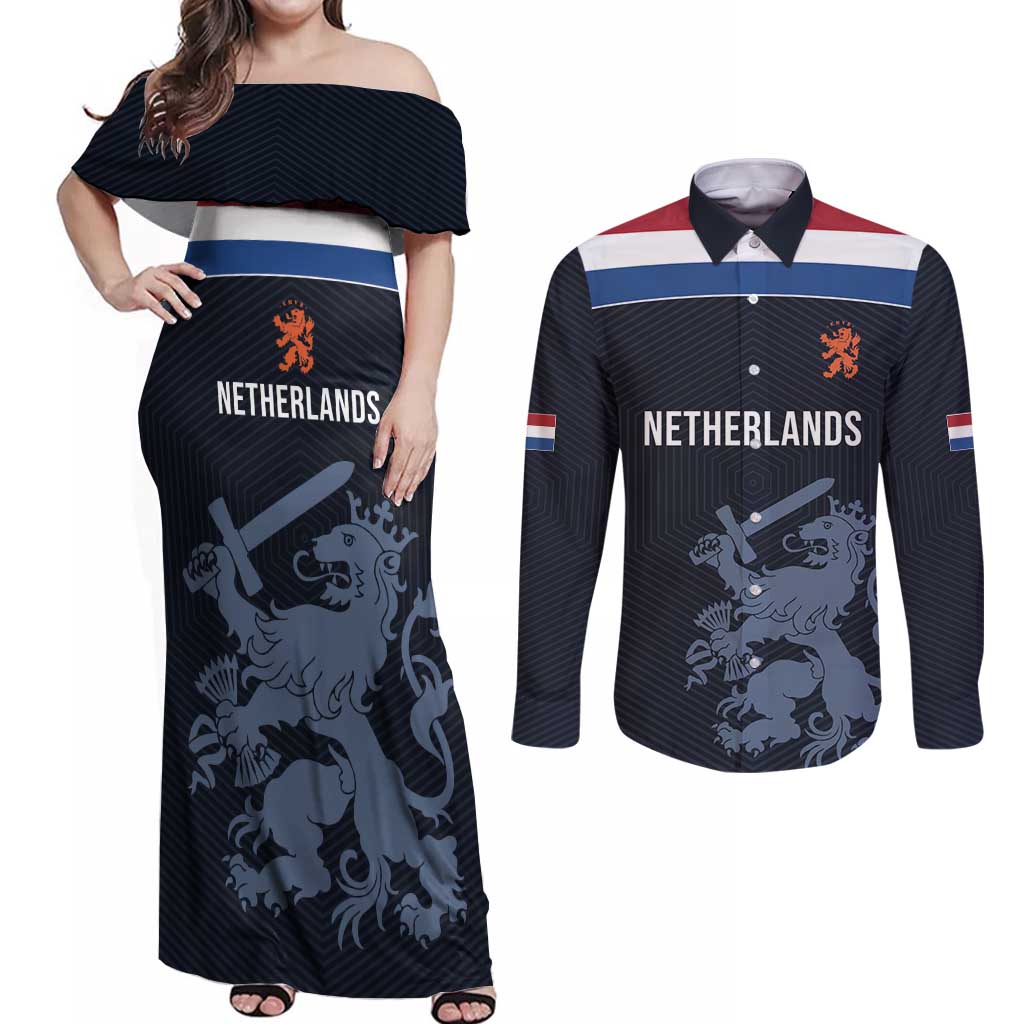 Custom World Football 2026 Netherlands Couples Matching Off Shoulder Maxi Dress and Long Sleeve Button Shirt Holland Navy Dutch Lion - Wonder Print Shop