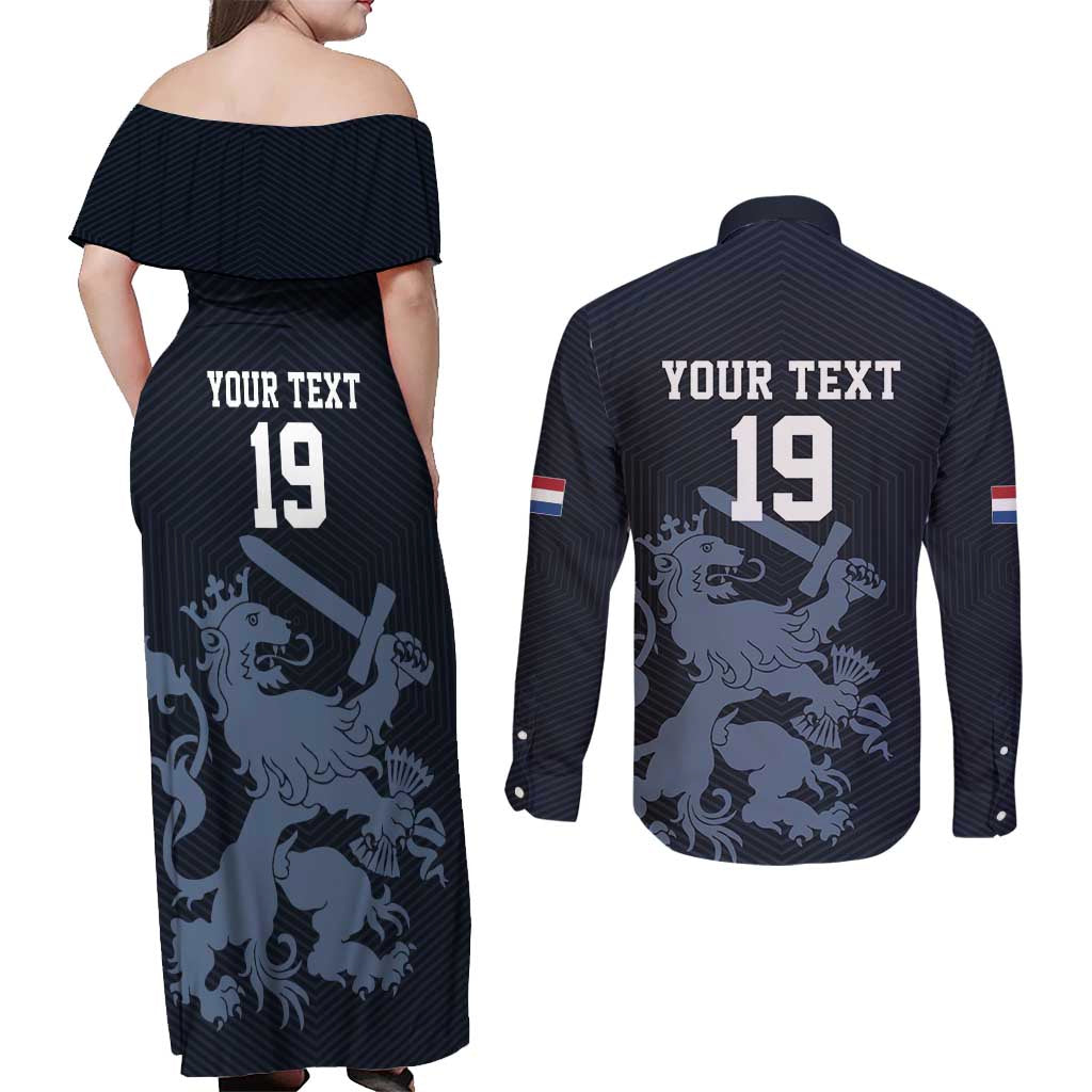 Custom World Football 2026 Netherlands Couples Matching Off Shoulder Maxi Dress and Long Sleeve Button Shirt Holland Navy Dutch Lion - Wonder Print Shop