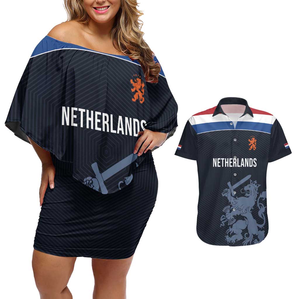 Custom World Football 2026 Netherlands Couples Matching Off Shoulder Short Dress and Hawaiian Shirt Holland Navy Dutch Lion - Wonder Print Shop