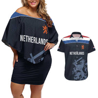 Custom World Football 2026 Netherlands Couples Matching Off Shoulder Short Dress and Hawaiian Shirt Holland Navy Dutch Lion - Wonder Print Shop