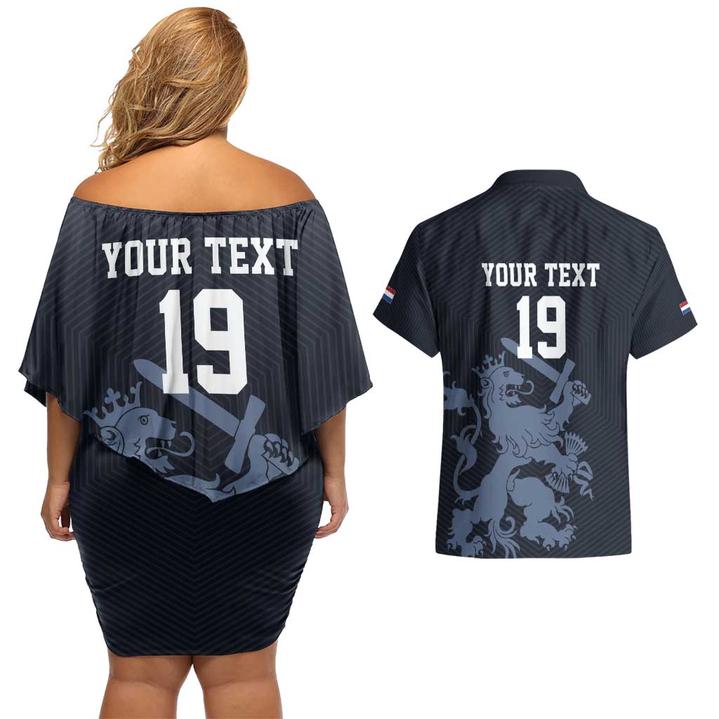 Custom World Football 2026 Netherlands Couples Matching Off Shoulder Short Dress and Hawaiian Shirt Holland Navy Dutch Lion - Wonder Print Shop